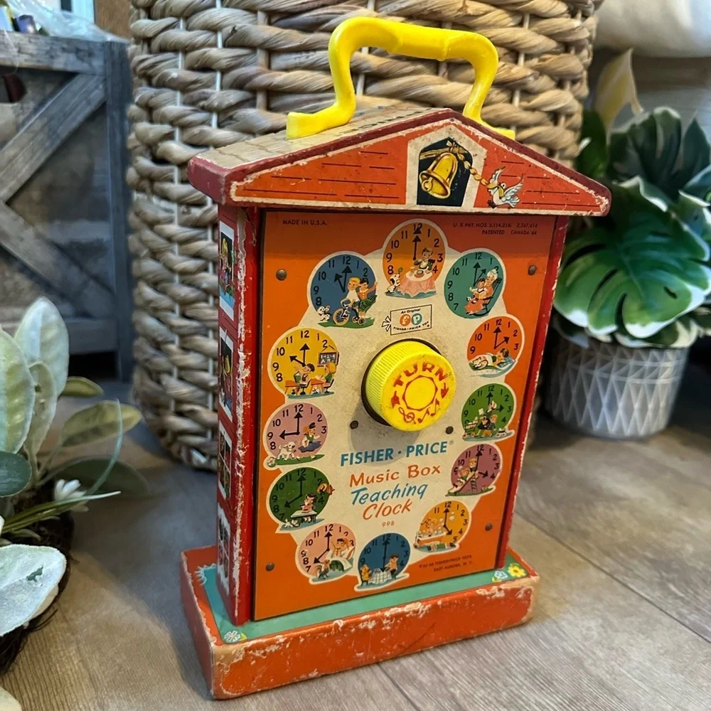 Vintage 1960s Fisher-Price Children’s Toy Red Yellow Music Box Teaching Clock